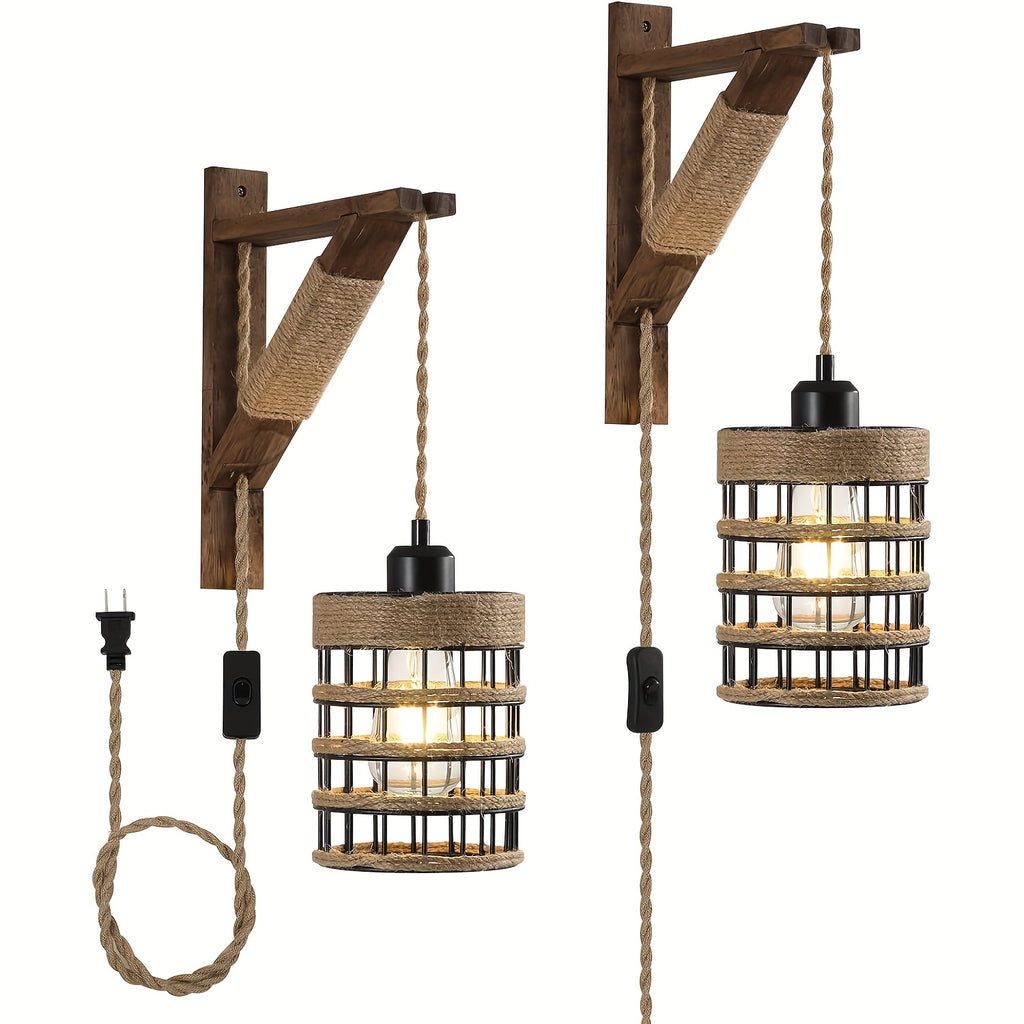 Plug-In Wall Sconces Farmhouse Rustic Metal Cage with Wooden Bracket – Hanging Lamps That Plug Into Wall Outlet for Bedroom, Living Room & Headboard – 1 or 2 Pack