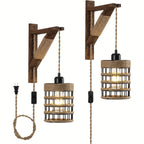 Plug-In Wall Sconces Farmhouse Rustic Metal Cage with Wooden Bracket – Hanging Lamps That Plug Into Wall Outlet for Bedroom, Living Room & Headboard – 1 or 2 Pack