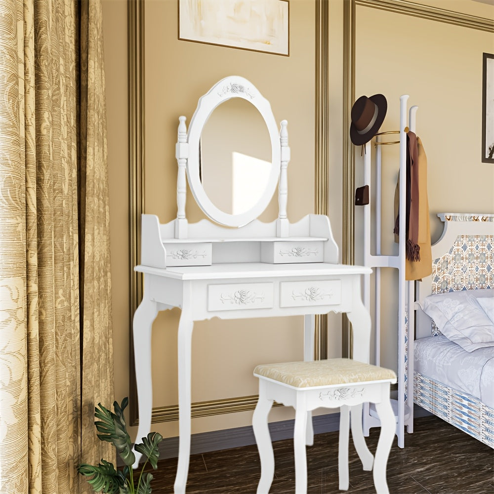 Vanity Desk with Mirror and 4 Drawers 360° Rotating Detachable Dressing Table with Stool – Modern White Makeup Table for Bedroom
