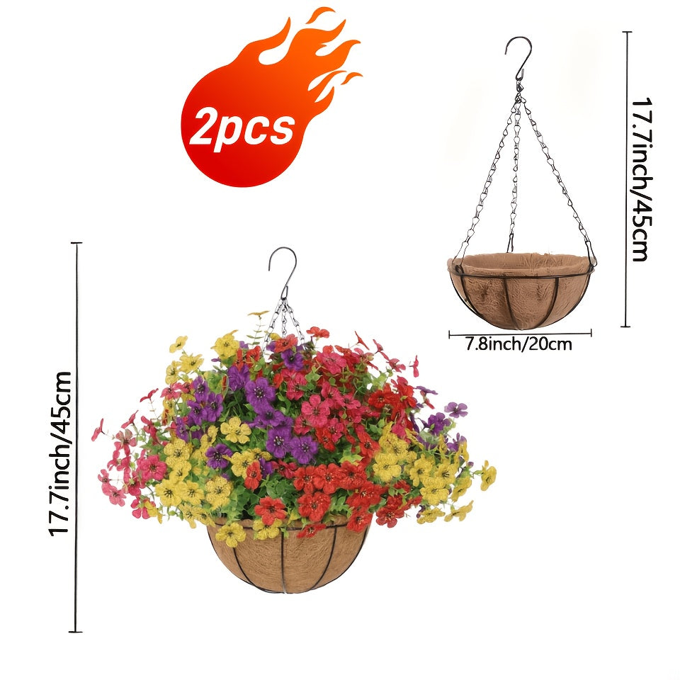 Hanging Basket Artificial Flowers 2 Sets 24pcs Red Purple Yellow | Outdoor Spring Summer Decor for Front Porch, Garden & Patio, Fake Flower Hanging Baskets for Balcony Fence