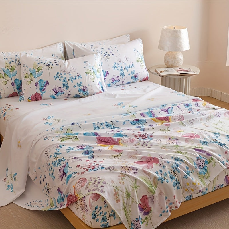 Floral Sheet Set 4 Piece – Fresh Natural Flower Plant Print Fitted Sheet Flat Sheet 2 Pillowcases, Soft Breathable All-Season Bedding for Bedroom & Dorm