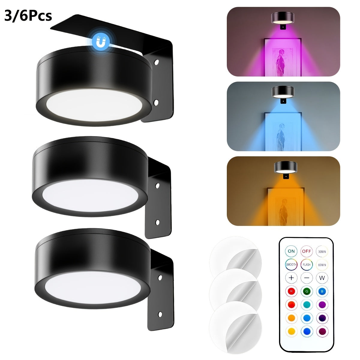 RGB LED Picture Frame Light Battery Operated Magnetic Art Display Lighting with Remote – 13 Color Wireless Painting Light for Wall Art, Gallery, & Party Decor (3-Pack & 6-Pack)