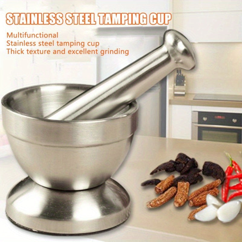 Stainless Steel Mortar and Pestle Set with Manual Spice Grinder - Heavy Duty 304 Stainless Pounding Pot for Grinding Herbs, Garlic, Pepper & Spices, Kitchen Cooking Tool