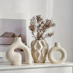 3-Piece Ceramic Vase Set for Home Decor – Bohemian Farmhouse Style Beige Decorative Vases for Pampas Grass, Living Room, Bedroom, Kitchen, Entryway & Mantel