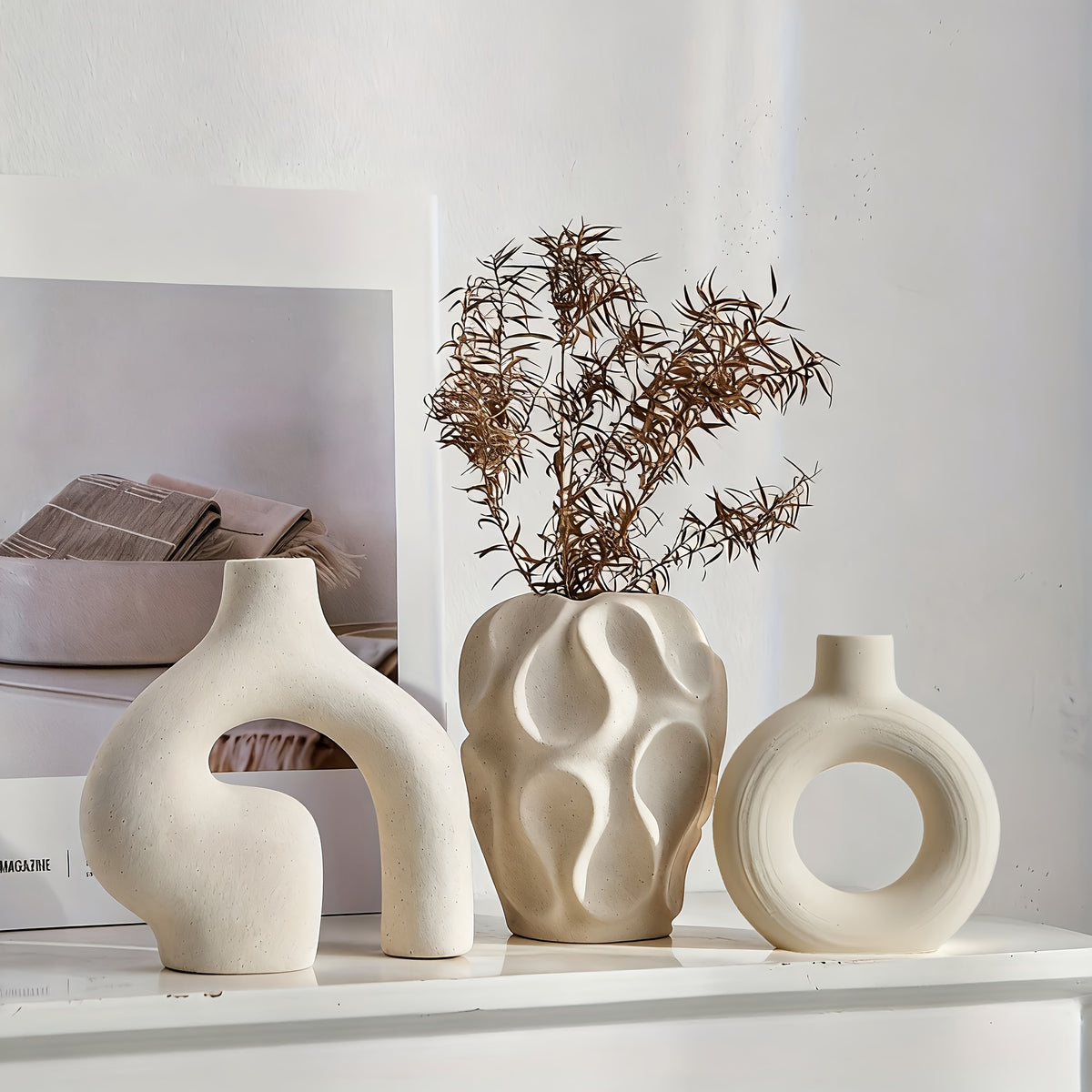 3-Piece Ceramic Vase Set for Home Decor – Bohemian Farmhouse Style Beige Decorative Vases for Pampas Grass, Living Room, Bedroom, Kitchen, Entryway & Mantel