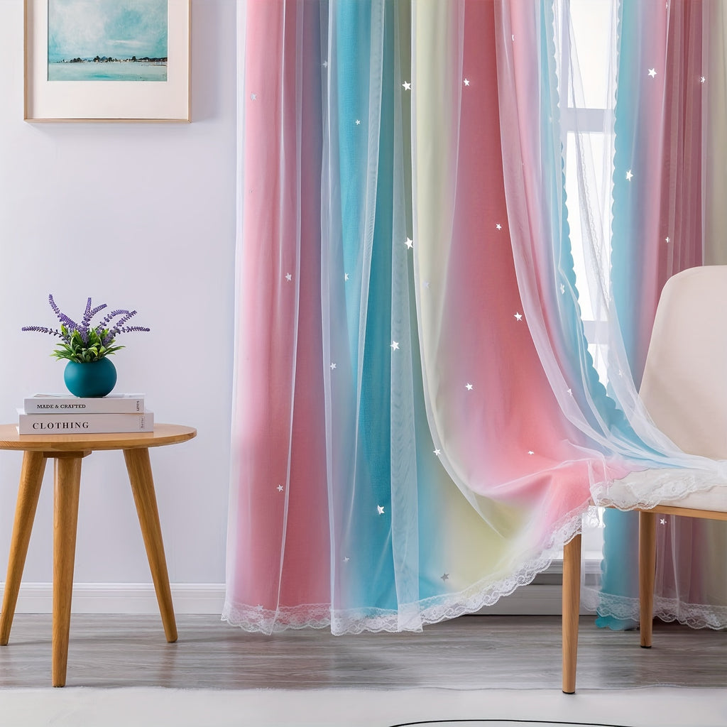 Double Layer Sheer & Blackout Curtains – Elegant Romantic Window Panels for Living Room & Bedroom, Heat Insulation, Pink Yellow Blue | W34–W51 x H63–H84 in | Nuvia Haven