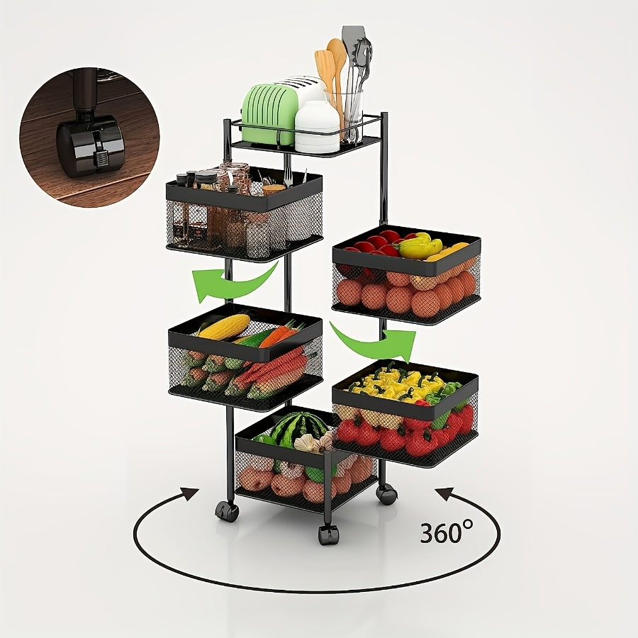 5-Tier Rotating Kitchen Storage Basket on Wheels Metal Fruit Vegetable Rack Rolling Floor Standing Trolley for Kitchen Bathroom Square Black White
