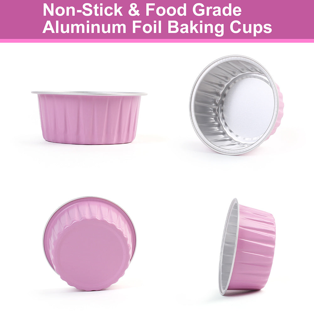 Aluminum Foil Cupcake Liners with Lids & Spoons - 50 Pack, 5oz Disposable Muffin Cups for Oven, Microwave & Air Fryer, Party Baking Cups for Christmas, Weddings & Birthdays, Pink & Grey
