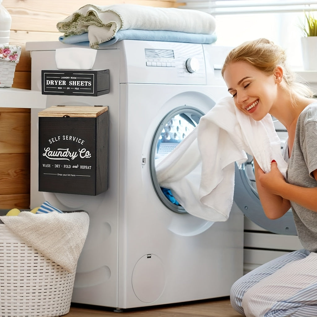 Magnetic Lint & Dryer Sheet Holder Set of 2 – Farmhouse Wood Lint Trash Can with Lid & Magnetic Dryer Sheet Dispenser Box for Laundry Room, Dryer & Wall Mounted Lint Basket