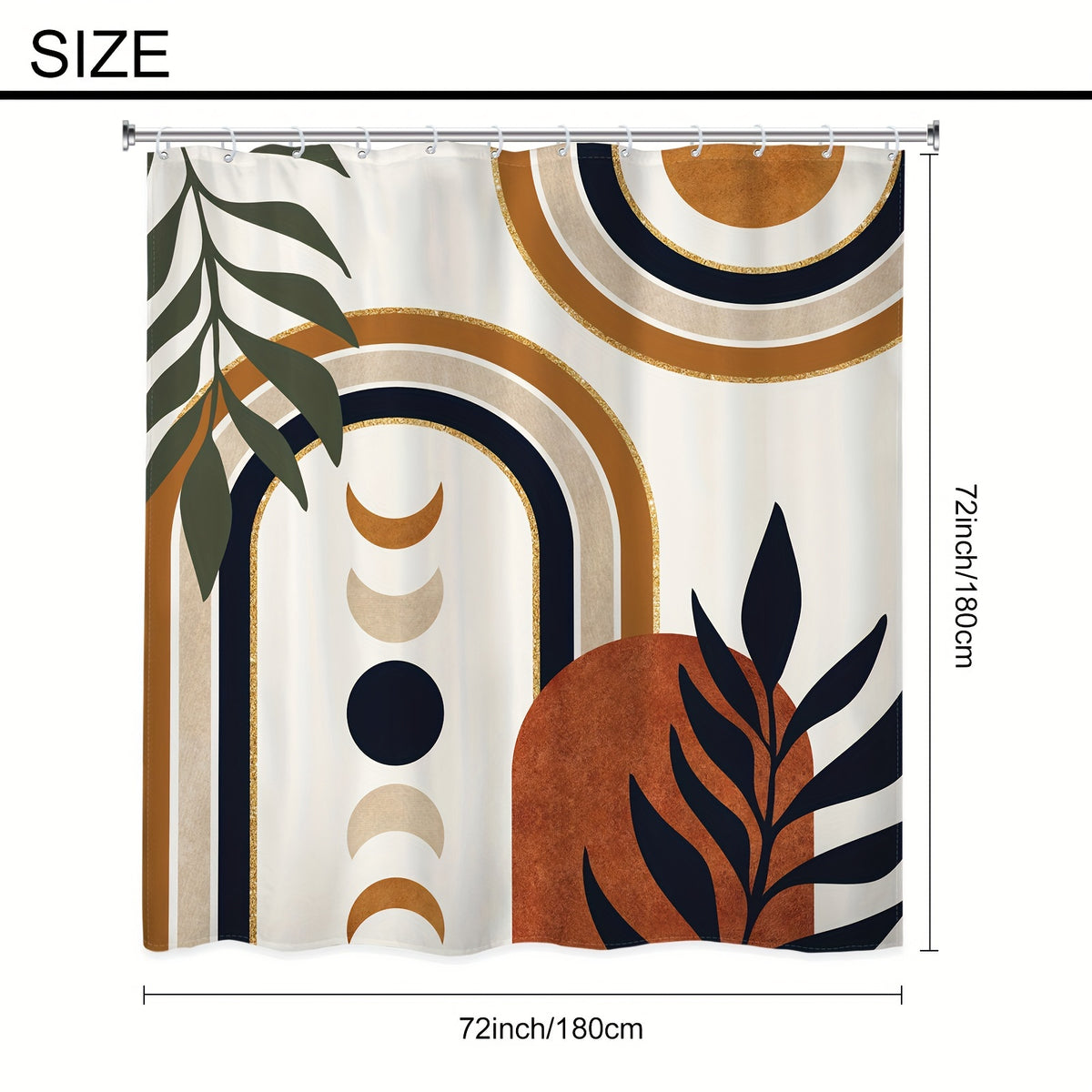 Bohemian Abstract Shower Curtain 72”×72” – Moon Phase Leaf Geometric Watercolor Bathroom Curtain | Boho Mid-Century Aesthetic Shower Decor in Blue & Green