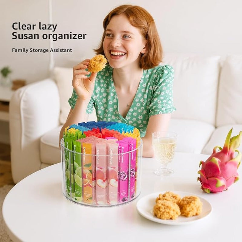 Lazy Susan Organizer Rotating Drink Mix Packet Holder Clear Turntable with Dividers for Powder Packets Water Flavor Packets Pantry Counter