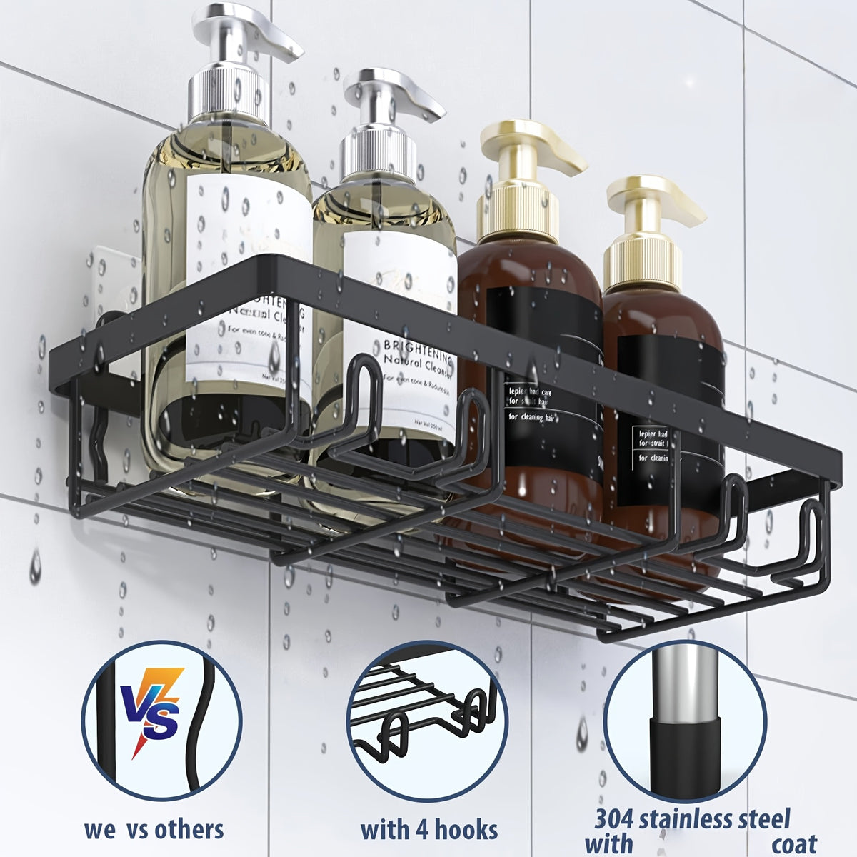 Shower Caddy 5 Pack Self-Adhesive Stainless Steel Shower Organizer Shelf - No Drilling Wall Mounted Bathroom Storage Rack, Large Capacity Rustproof Shower Basket - 10 Color Options