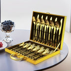30-Piece Deluxe Golden Stainless Steel Flatware Set with Wooden Gift Box – Mirror Polished Knives, Forks & Spoons for 6 | Wedding, Business & Celebration Gift