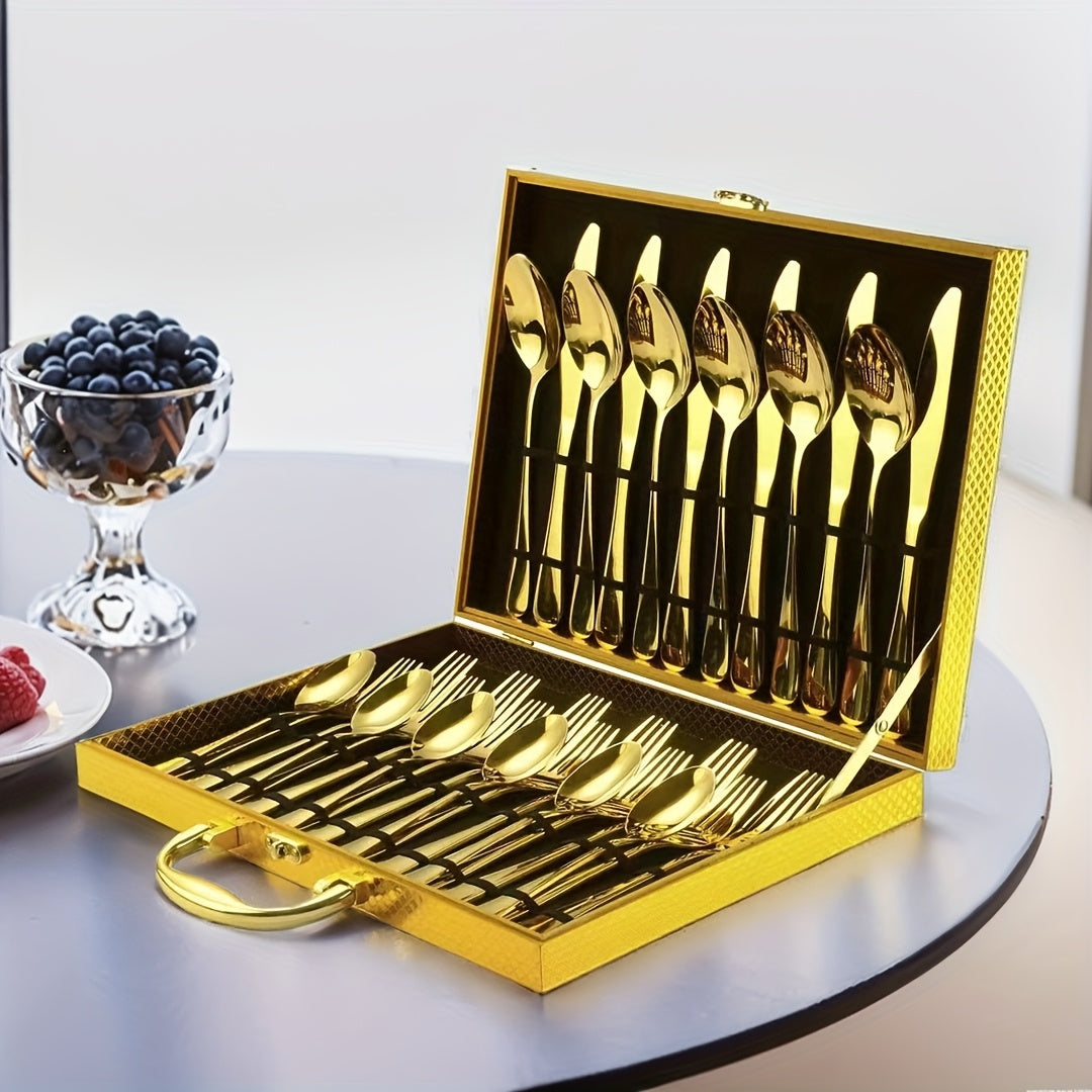 30-Piece Deluxe Golden Stainless Steel Flatware Set with Wooden Gift Box – Mirror Polished Knives, Forks & Spoons for 6 | Wedding, Business & Celebration Gift