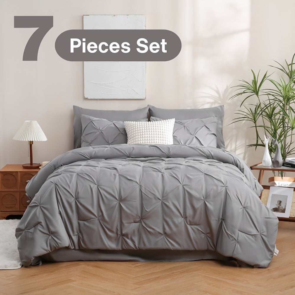 5/7pcs Pintuck Bed In A Bag Comforter Sets, Pinch Pleat Complete Bedding Sets with Comforter, Sheets & Pillowcases, Queen/King Size, All Season