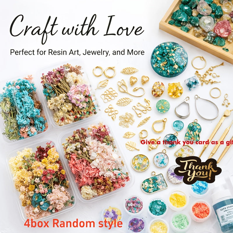 Dried Flower Bouquet Set 4 Boxes Mixed Dried Flowers and Leaves for Resin Jewelry Art Crafts Candle Making Holiday Decoration Scrapbooking with Greeting Card