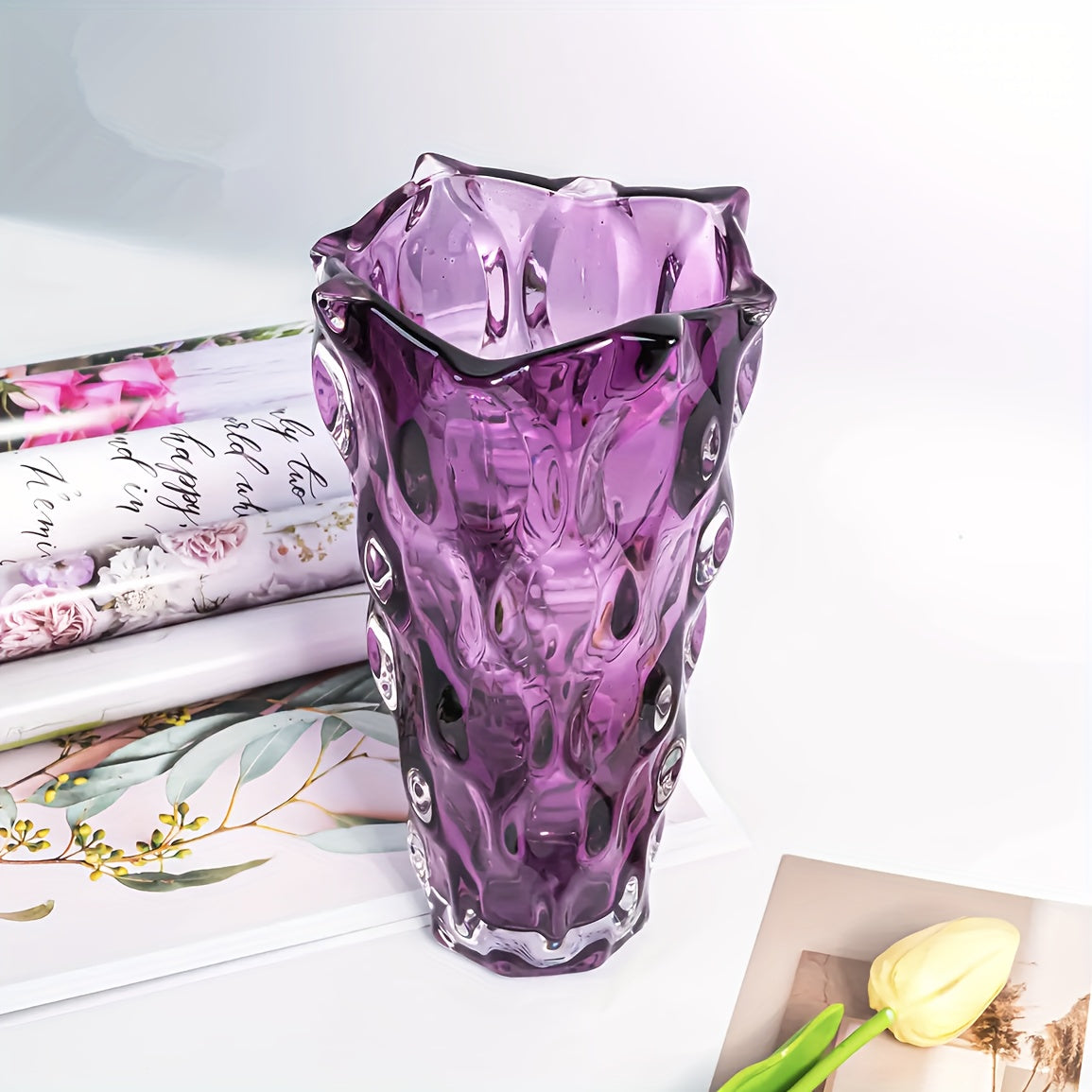 Handmade Purple Crystal Glass Vase – Irregular Striped Decorative Flower Arrangement Vase for Living Room, Office, Desktop, Wedding & Party, Luxury Home Ornament