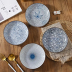Nordic Ceramic Dinner Plates 8-Inch Set of 4 – Yamada Pattern & Springlight Stripe Serving Plates Underglaze Color Non-Slip Edge Round Steak Plate for Home Kitchen Dining