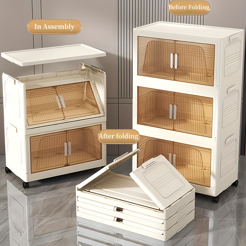 Stackable Foldable Storage Cabinet with Lids – Rolling Wardrobe Organizer 3/4/5/6 Tier with Magnetic Doors, 360° Wheels & Handles for Bedroom, Closet, Kitchen & Office