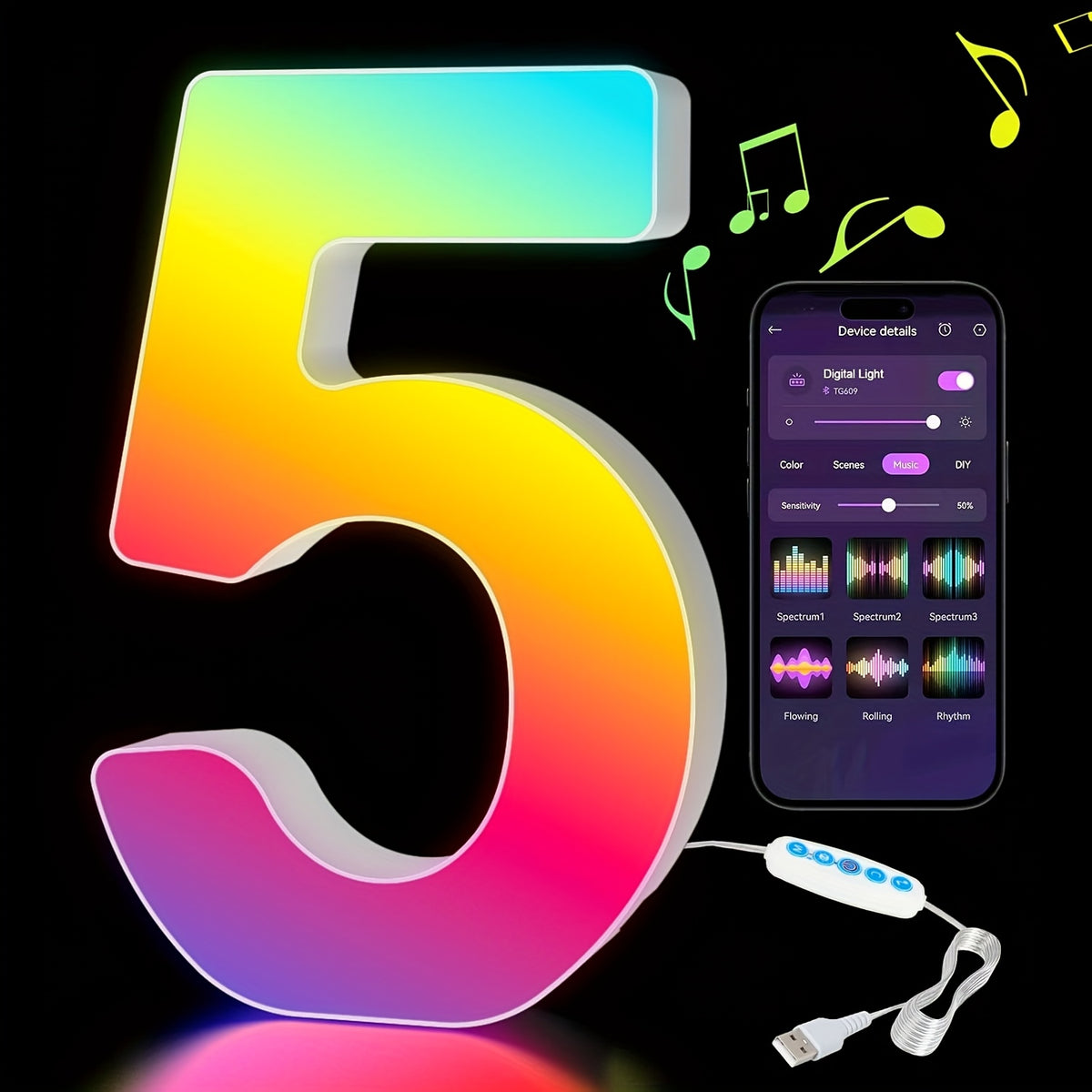 LED Alphabet Letter Lights with Music Sync, Colorful Flashing Marquee Letters for Bedroom, Party, Game Day & Festival Decor