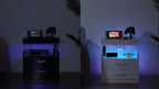 LED Nightstand with Charging Station USB Ports Outlets High Gloss Adjustable LED Lights 2 Storage Drawers Wood End Table Bedroom Living Room White Black 1pc or 2pcs