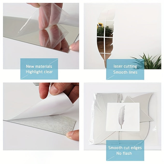 Acrylic Feather Mirror Wall Stickers Silver Self-Adhesive 47x12 Inch Decorative Mirror Wall Decal Art for Living Room Bedroom Home Wall Decoration