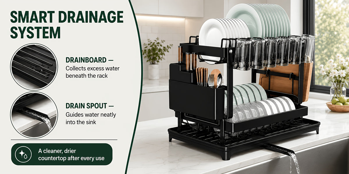 2-Tier Dish Drying Rack with Drainboard – Black Metal Two-Level Dish Drainer with Drainage for Kitchen Counter, Standing Dish Holder Organizer Shelf for Plates, Cups & Utensils