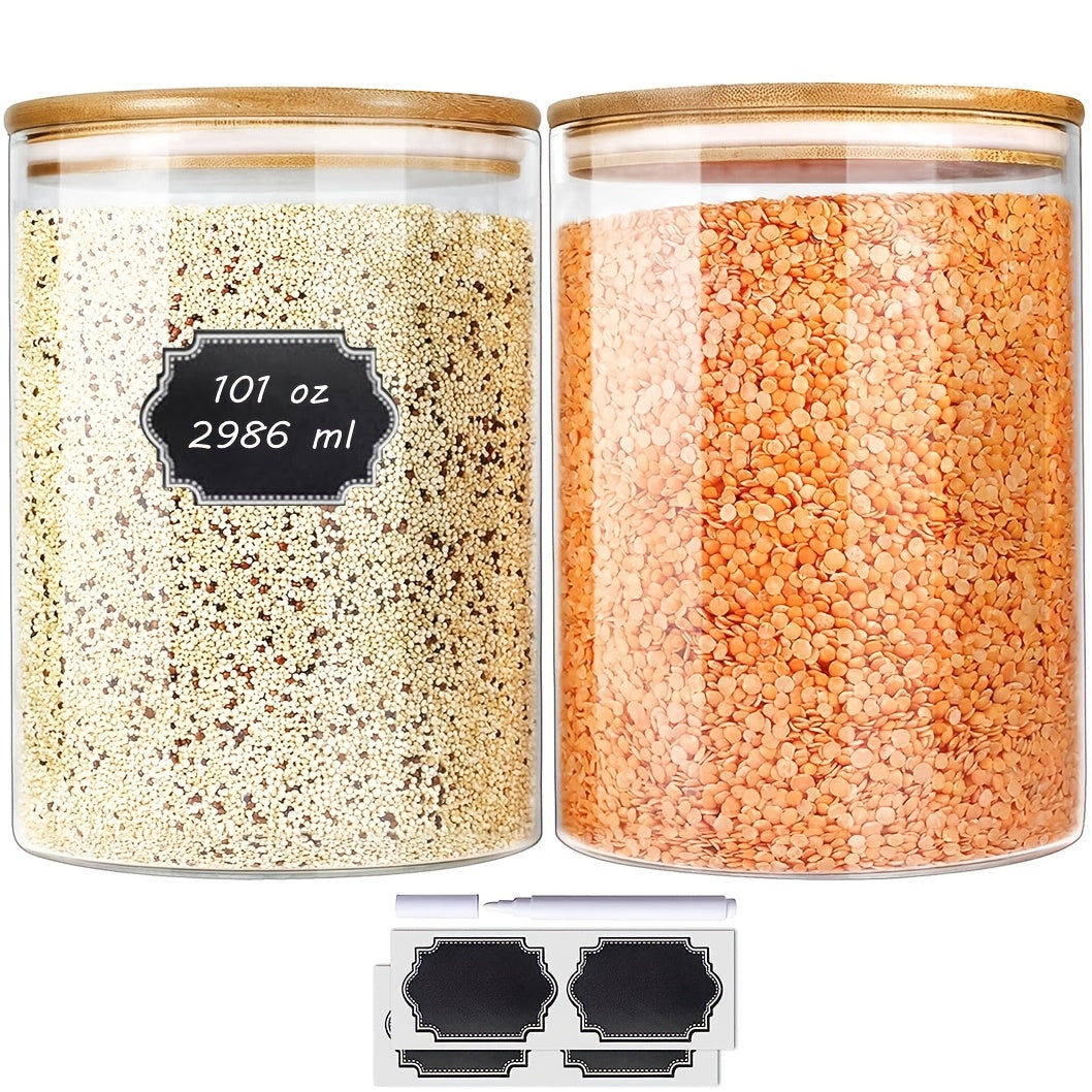 Glass Canisters for Kitchen Counter Set of 2 Large 101oz Airtight Lids, Wooden Lid Cookie Jars, Food Storage Containers for Sugar, Flour, Pasta, Coffee Beans & Candy