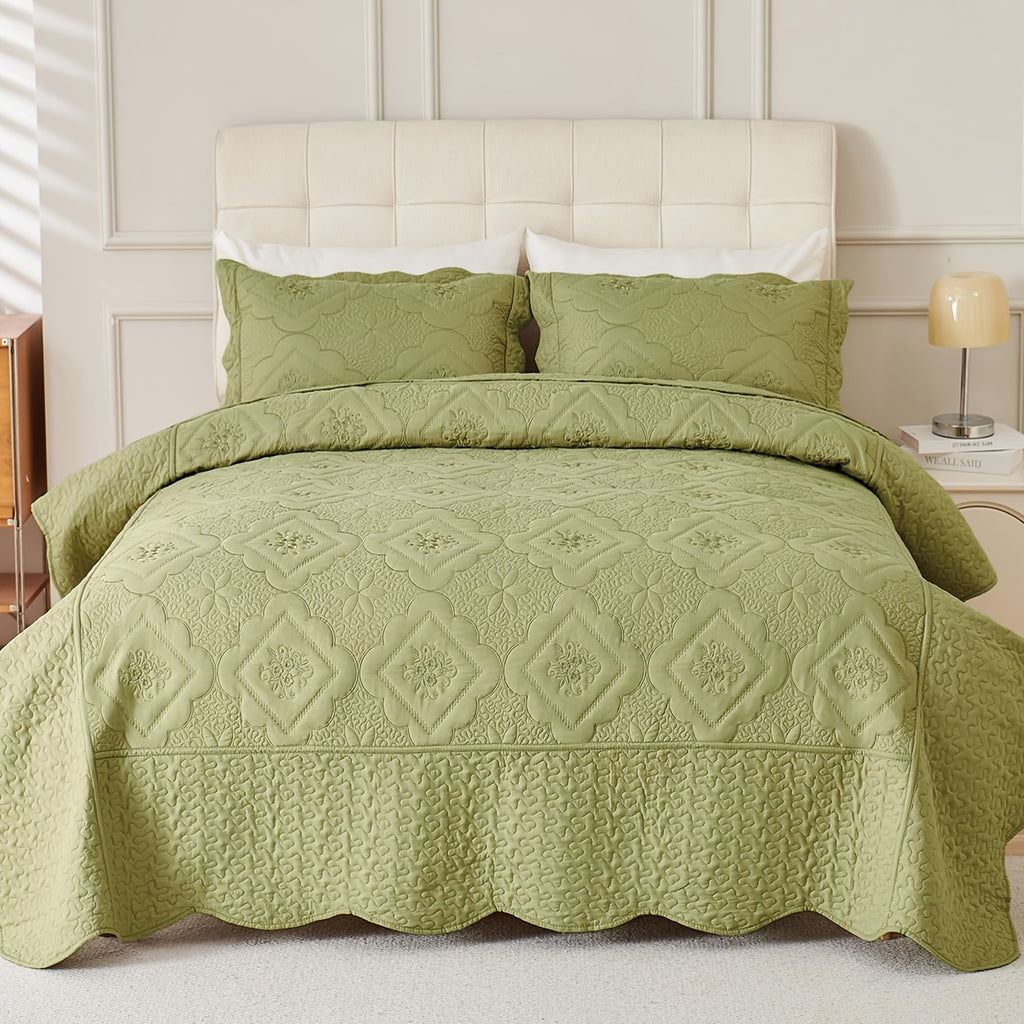 Quilted Embroidered Bedspread Set 3 Pcs – Floral Embroidery, 100% Polyester, Wrinkle-Resistant Lightweight Coverlet for Queen & King Bedroom Decor, 16 Colors