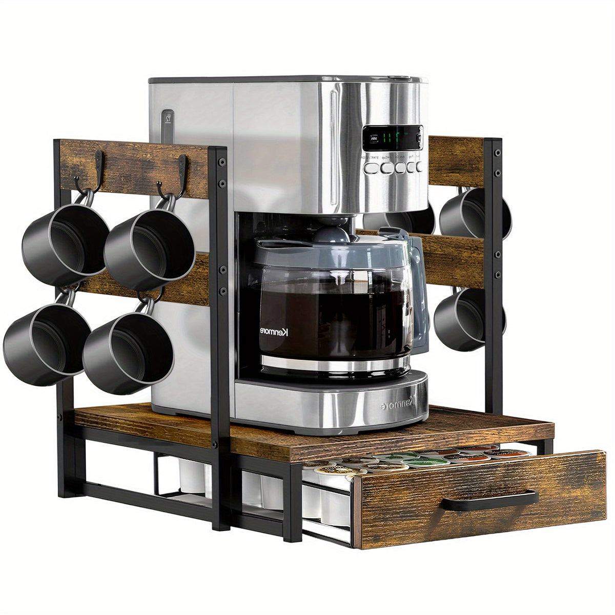 K-Cup Holder Drawer Coffee Pod Organizer for Counter with Mug Rack & Coffee Maker Stand – 35-Pod Capacity Kitchen Countertop Storage for Home & Office