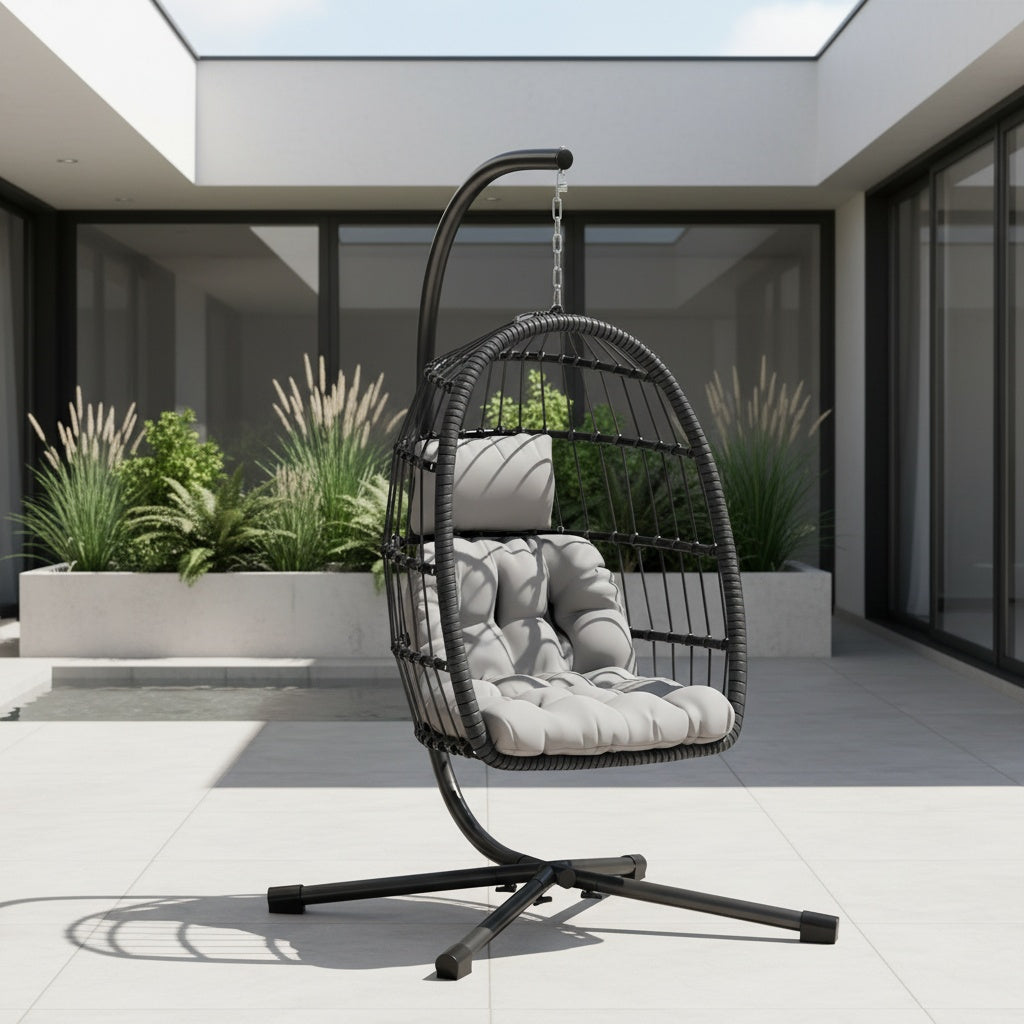 Egg Chair with Stand Rattan Wicker Outdoor Swing Hammock Chair Thickened Aluminum Frame UV-Resistant Cushion 350LBS Single or Two-Seater