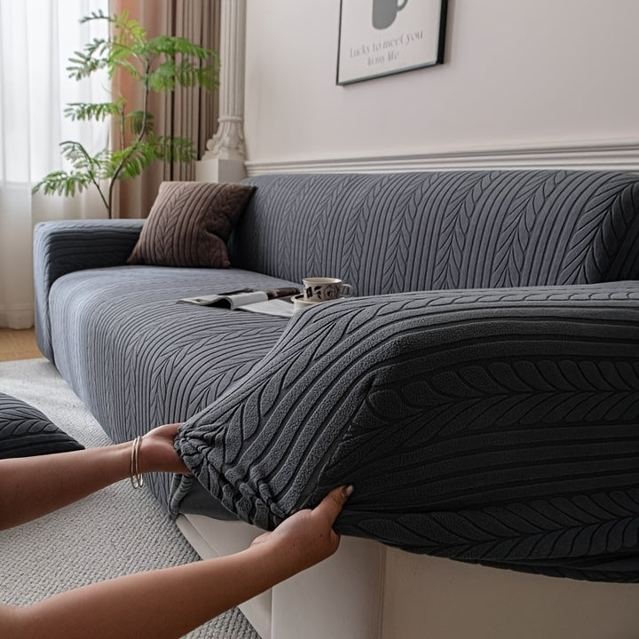 Striped Stretch Sofa Cover 1pc – Washable Non-Slip Scratch-Resistant All-Season Sofa Slipcover for 1 2 3 4 Seater, White Sawtooth Textured Fabric Couch Protector for Living Room Home Decor