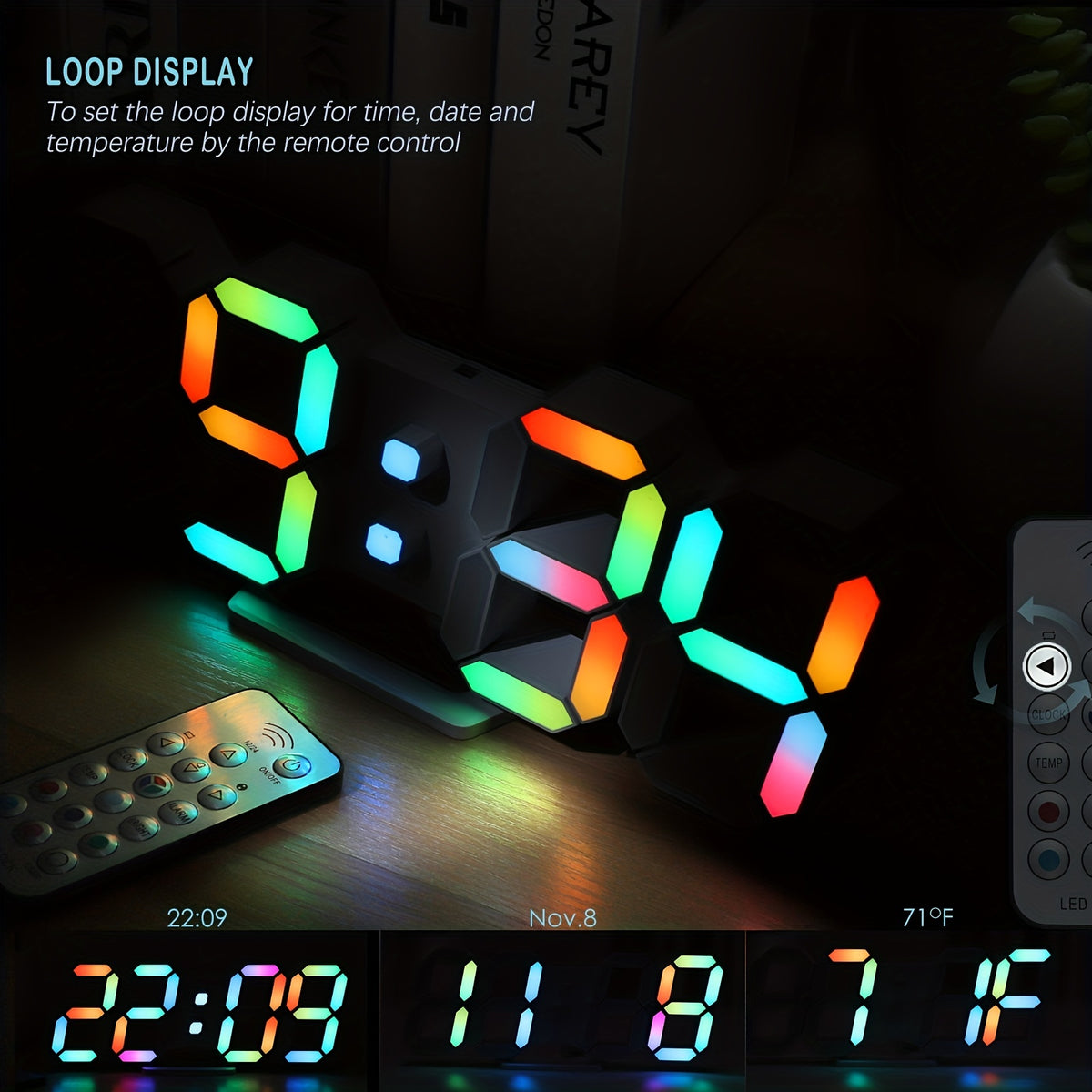 RGB Neon LED Digital Wall Clock 9.7" Large Display with Remote Control – 3D Aesthetic Alarm Clock, Adjustable Brightness, Date & Temperature Display for Bedroom, Living Room, Office, Gym