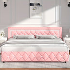 Upholstered Bed Frame with Diamond Tufted Headboard & Footboard – Faux Leather, Wooden Slats, No Box Spring Needed | Twin Full Queen King
