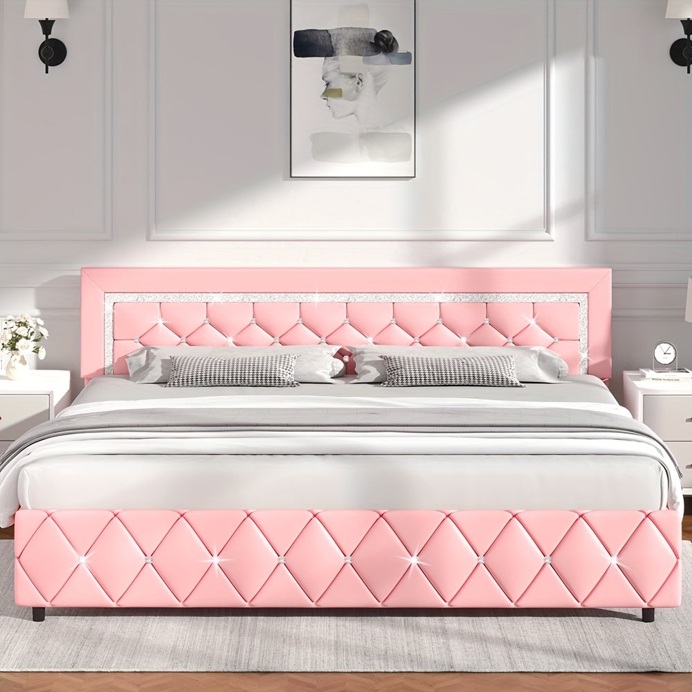 Upholstered Bed Frame with Diamond Tufted Headboard & Footboard – Faux Leather, Wooden Slats, No Box Spring Needed | Twin Full Queen King