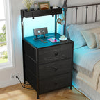Tall Nightstand with Charging Station LED Lights 3 Fabric Drawers Shelves USB Ports Outlets Oversized Tabletop 4 Hooks Bedside Table for Bedroom Storage