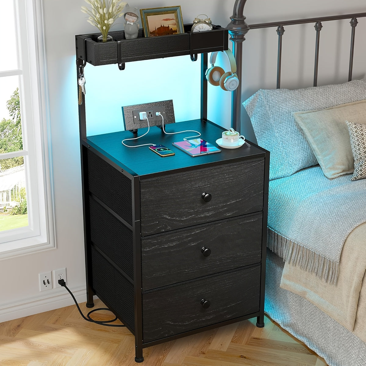Tall Nightstand with Charging Station LED Lights 3 Fabric Drawers Shelves USB Ports Outlets Oversized Tabletop 4 Hooks Bedside Table for Bedroom Storage
