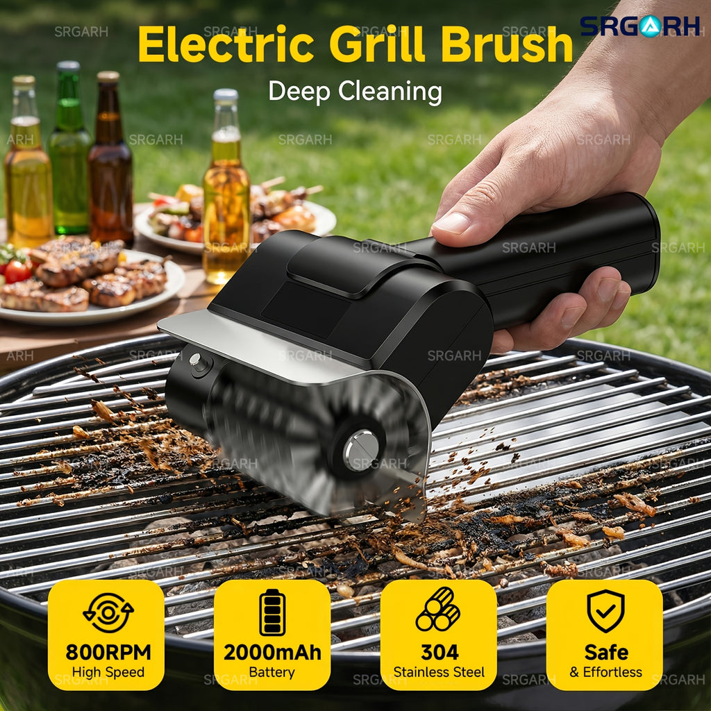 Cordless Electric Grill Brush – 800 RPM Rotating BBQ Cleaning Tool, 2000mAh Rechargeable, 304 Stainless Steel Bristles, Includes Replacement Head & Gloves, Portable Outdoor Grill Scrubber