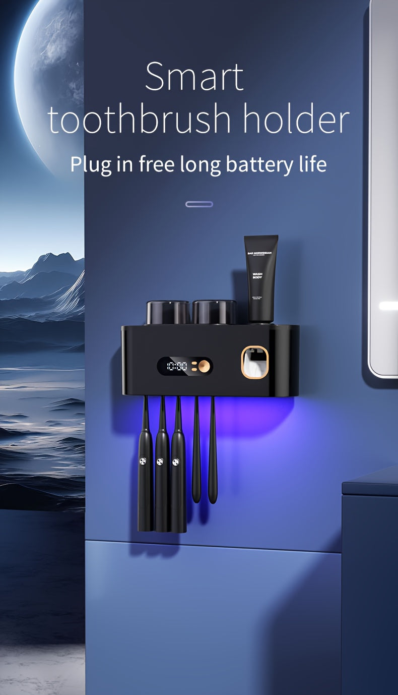 Smart Toothbrush Sterilizer & Organizer with Automatic Toothpaste Dispenser, 5-Slot Holder, 2 Rinse Cups, USB Rechargeable & Clock Display – Modern Bathroom Caddy