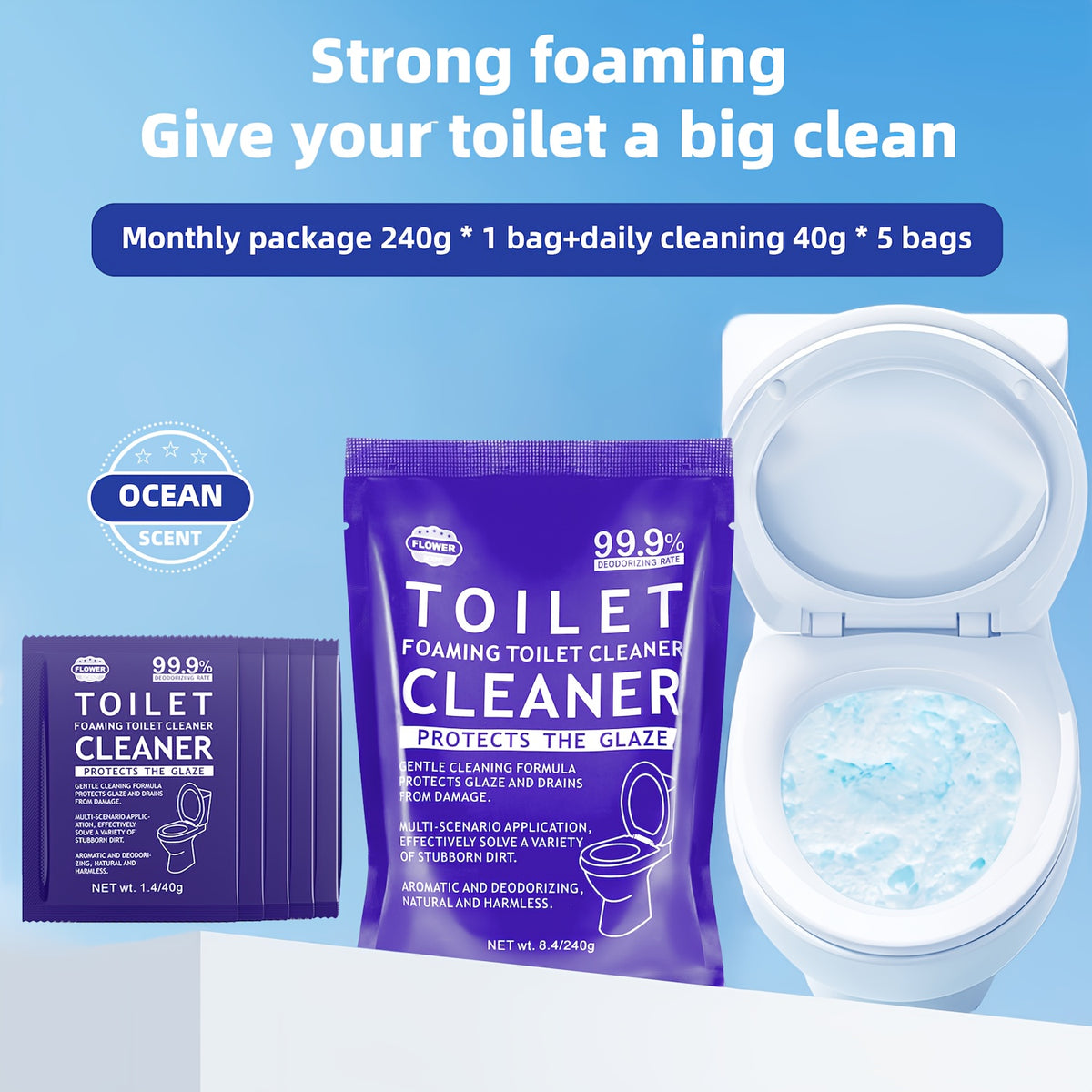Foam Toilet Powder Cleaner 5 Pack – Fast-Acting Stain Remover, Drain Unclogger & Deodorizer for Toilets, Ocean & Floral Scent, No Harsh Chemicals, Travel & Home Use