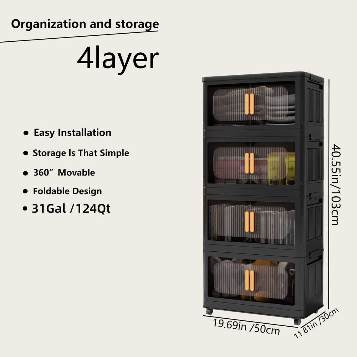Collapsible Storage Locker with Locking Wheels – 4/5 Tier Double Door Plastic Bin Organizer, Stackable Space-Saving Storage Cabinet for Closet, Dorm, Office, Garage, Bedroom & Gym