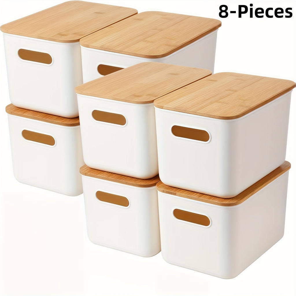 Storage Bins with Lids Wood Top, Plastic Stackable Storage Containers with Handle & Labels, Organizer Boxes for Home, Office, Bookshelf, Playroom & Medicine Cabinet, White, Set of 1/2/4/8