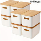 Storage Bins with Lids Wood Top, Plastic Stackable Storage Containers with Handle & Labels, Organizer Boxes for Home, Office, Bookshelf, Playroom & Medicine Cabinet, White, Set of 1/2/4/8