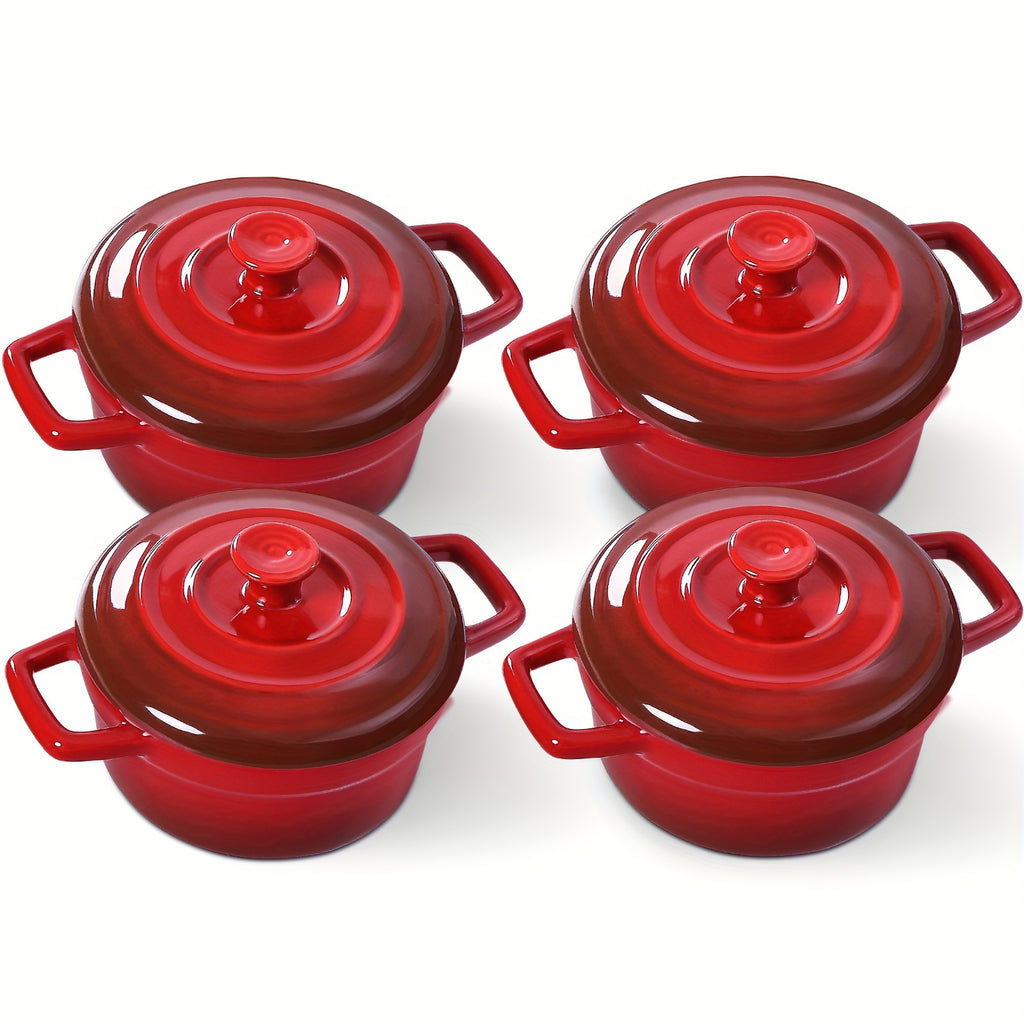 Mini Cocotte Set of 4 - 12oz Ceramic Casserole Dishes with Handles & Lids - Small Baking Ramekins Oven Microwave Dishwasher Safe, French Style Individual Serving Dishes, Red Blue White