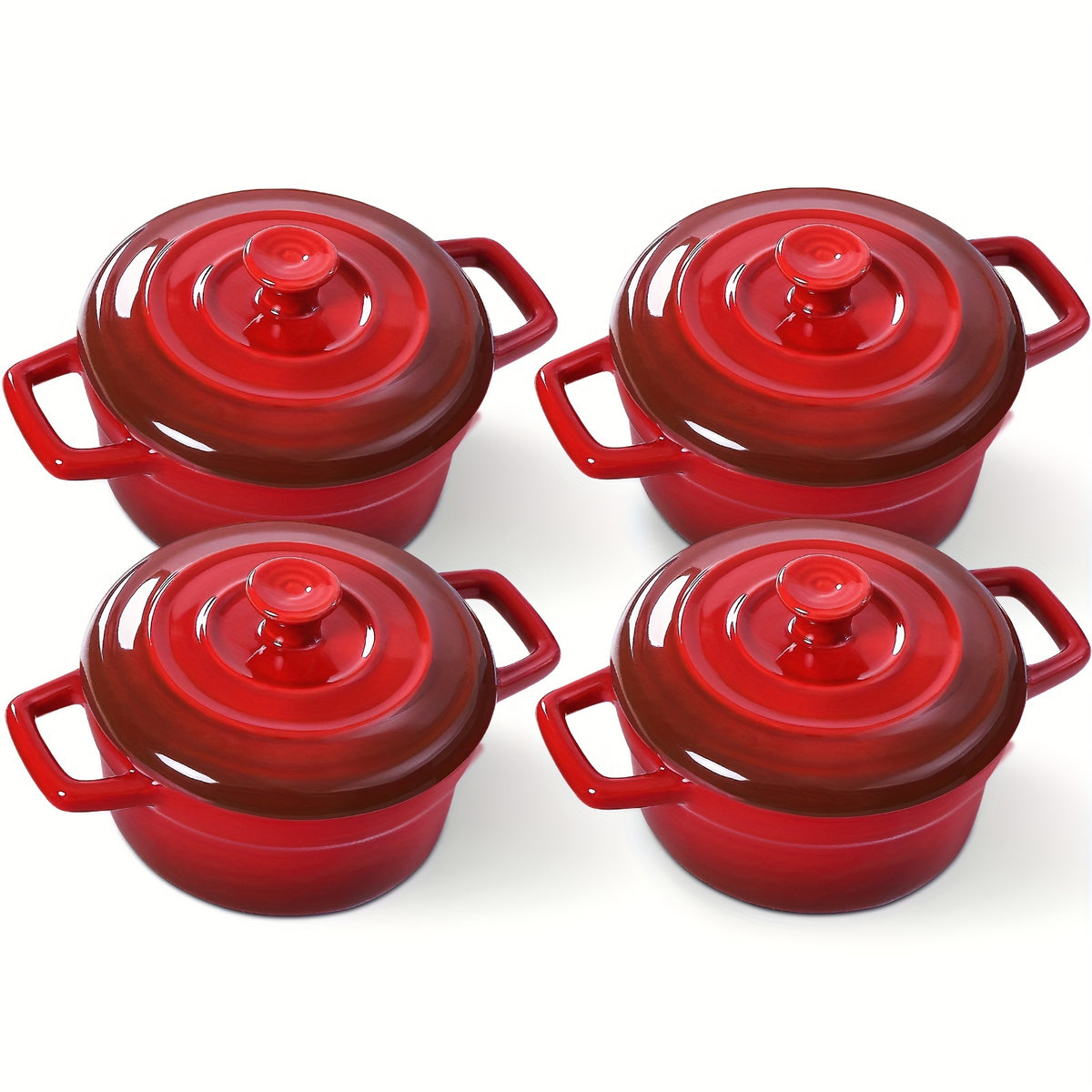 Mini Cocotte Set of 4 - 12oz Ceramic Casserole Dishes with Handles & Lids - Small Baking Ramekins Oven Microwave Dishwasher Safe, French Style Individual Serving Dishes, Red Blue White