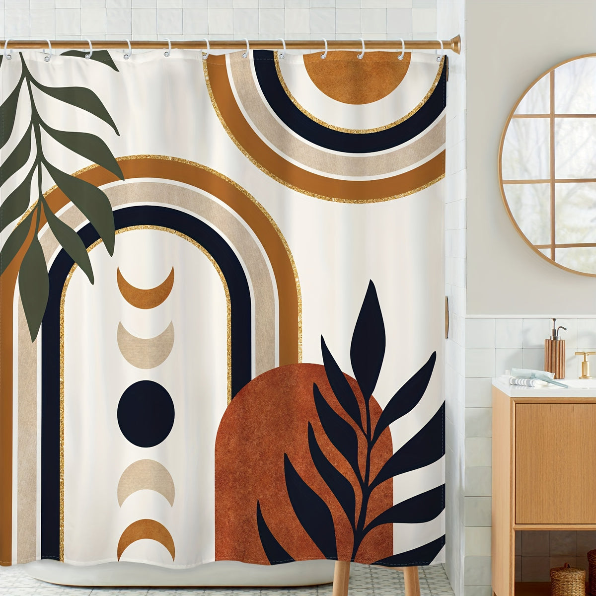 Bohemian Abstract Shower Curtain 72”×72” – Moon Phase Leaf Geometric Watercolor Bathroom Curtain | Boho Mid-Century Aesthetic Shower Decor in Blue & Green