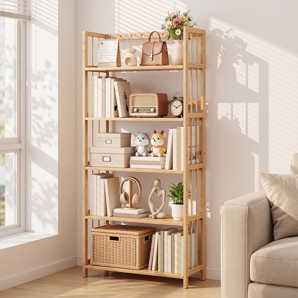 Bamboo Bookshelf Narrow 4 or 5 Tier Adjustable Shelves – Natural Wooden Bookcase Standing Storage Shelf Organizer for Small Spaces, Bedroom, Living Room & Home Office