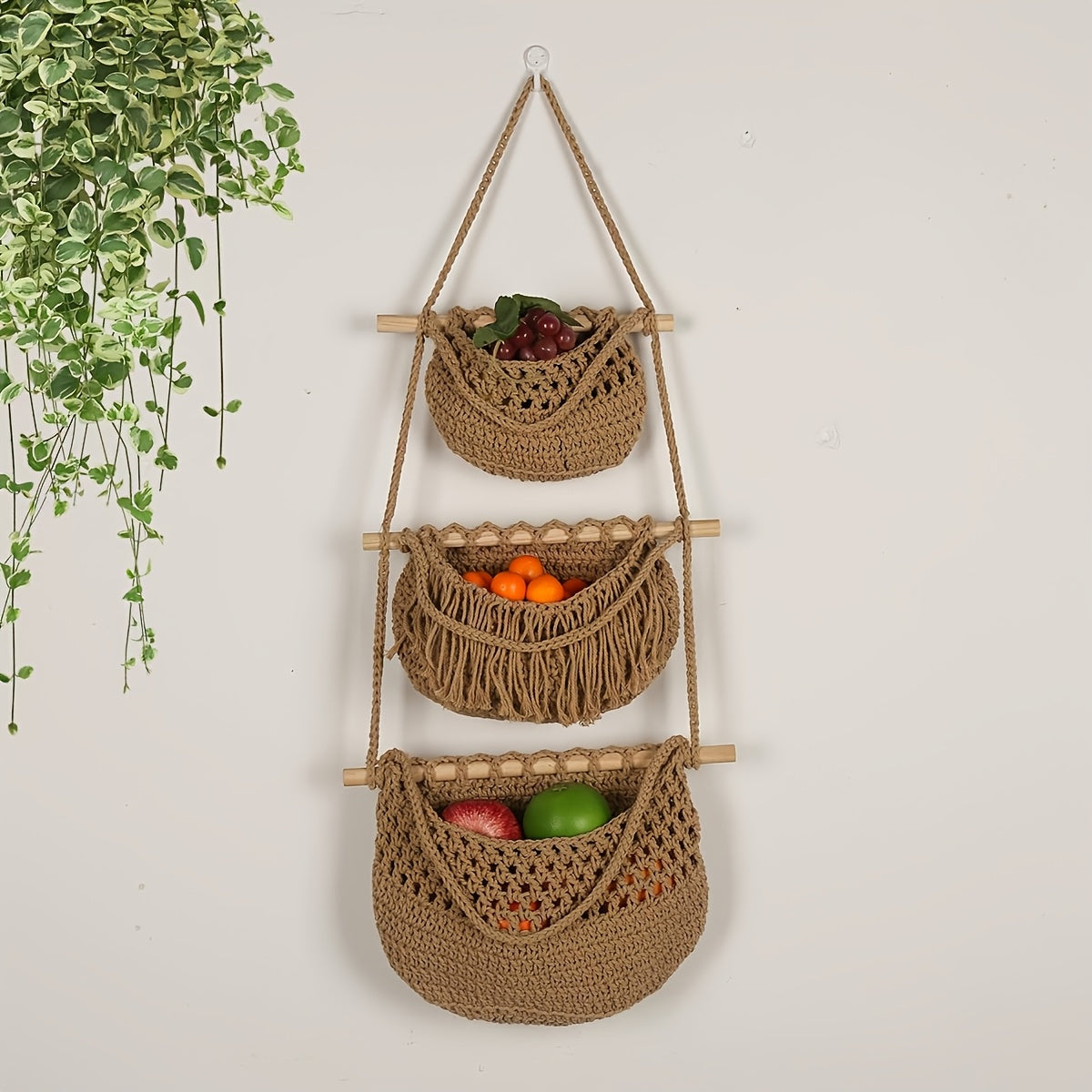 3-Tier Hanging Cotton Rope Basket - Boho Handwoven Wall Storage Organizer for Fruits, Vegetables & Essentials, Farmhouse Decor for Kitchen, Bathroom, Living Room & Bedroom