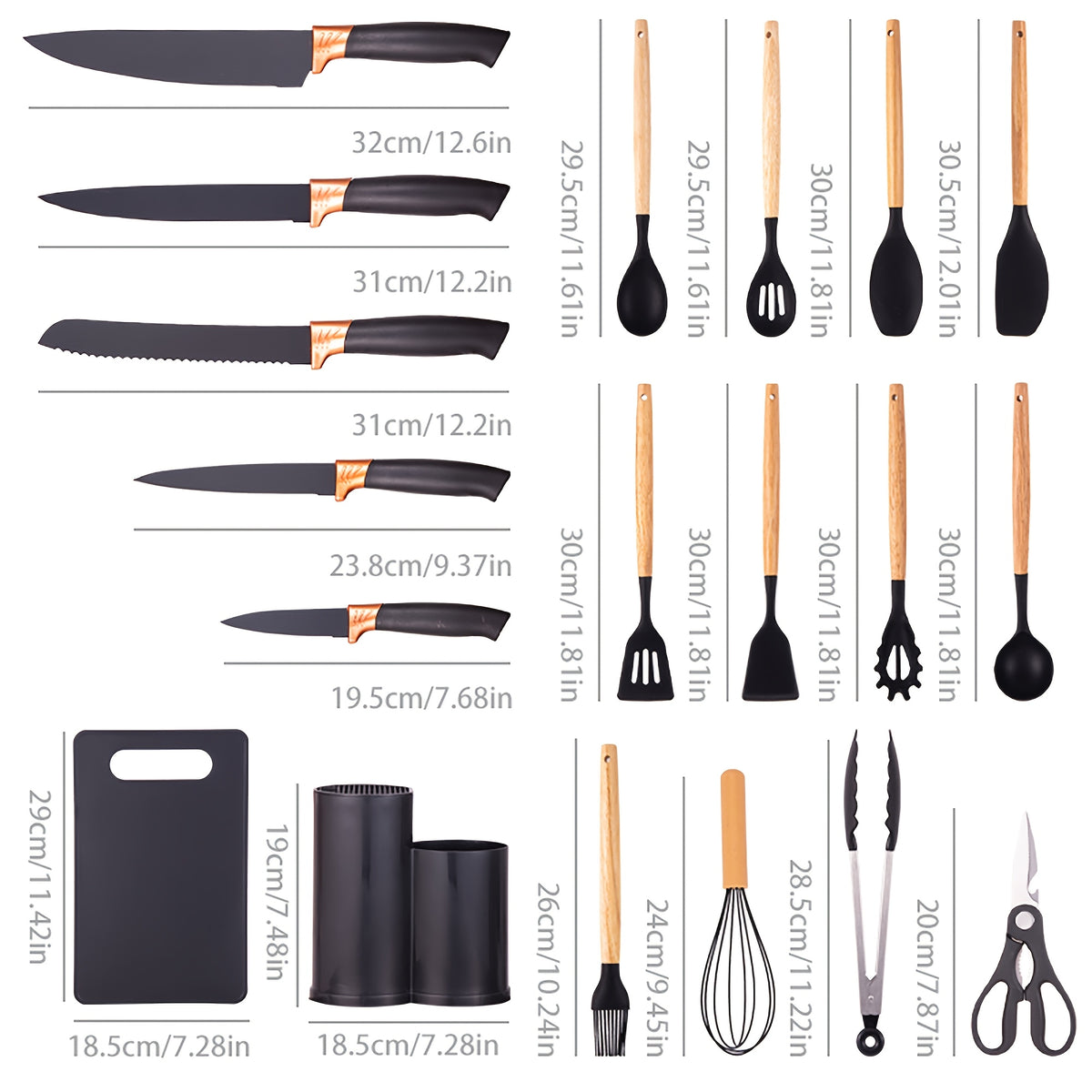 19-Piece Kitchen Knife & Utensil Set with Block – Silicone Cooking Tools, Wooden Handles, Stainless Steel Knives, Cutting Board & Scissors | All-in-One Kitchen Starter Set for Home, Dorm & Housewarming Gift