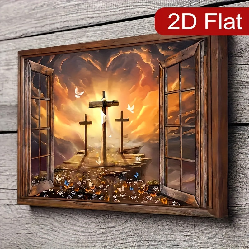 Framed Canvas Wall Art - Sunset Three Crosses Christ Landscape Window Scene, Religious Home Decor for Living Room & Bedroom, Faith-Inspired Wall Decor Gift